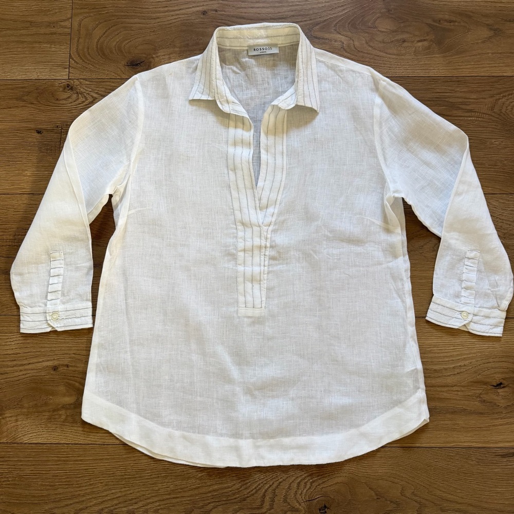 Rosso35 Italian‎ Linen Pullover Blouse Silver Stripe Collar Lightweight